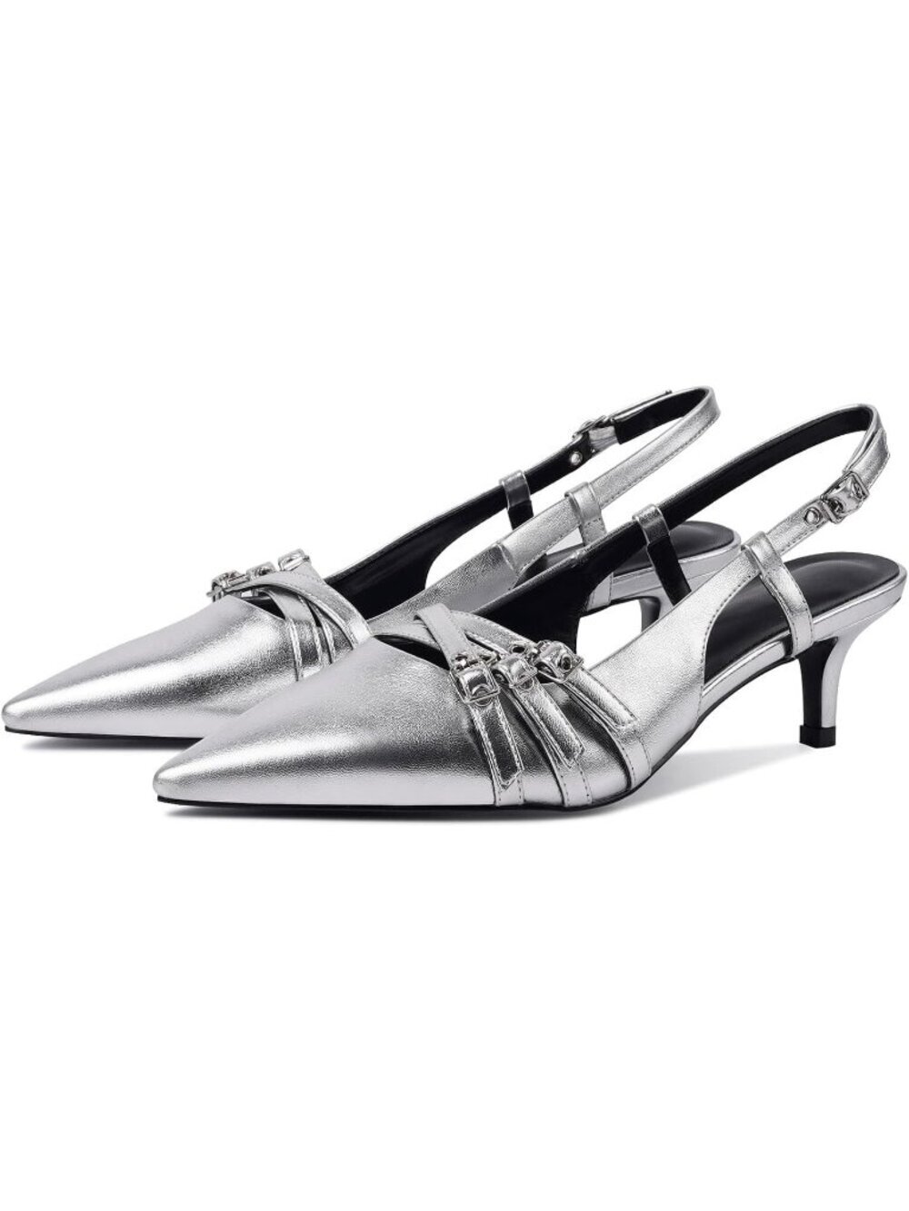 Women's Silver Slingback Kitten Pointed Closed Toe Pumps Low Stiletto Heels